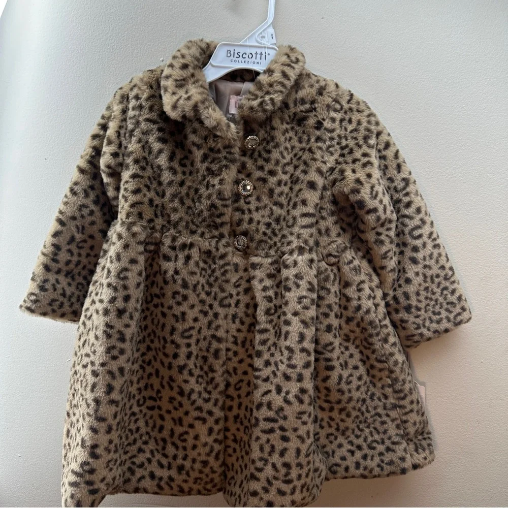Biscotti Collezioni Girls 3-Piece Leopard Faux Fur Coat Dress Set NWT